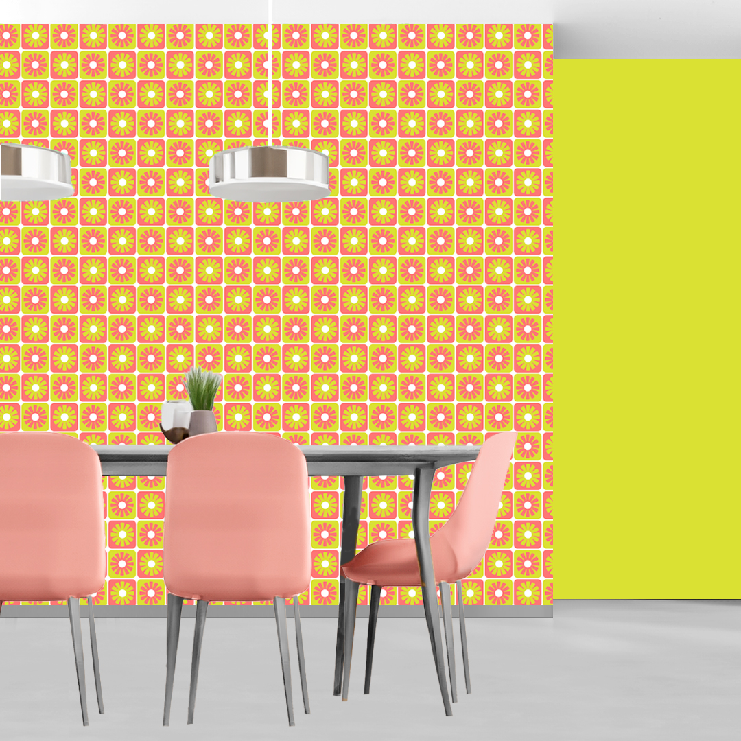 An abstract composition featuring irregular, rounded shapes in vibrant colors. The main colors include bright green, lime green, turquoise, and dark blue, all separated by white, jagged outlines. The shapes overlap and intersect dynamically, forming an energetic and playful pattern. The overall texture has a fabric-like appearance with subtle horizontal and vertical lines running through the colors.